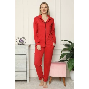 Giyim Kadın %100 Pamuk Penye Önden Düğmeli Uzun Kol Pijama Takım Kırmızı