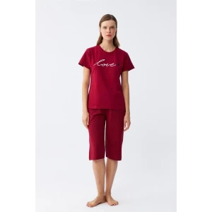 Giyim Kadın Bordo Kalp Desenli Kapri Pijama Takımı