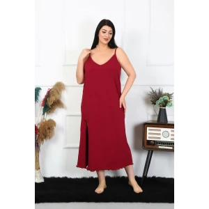 Giyim Kadın Büyük Beden İp Askılı Pamuklu Bordo Uzun Gecelik