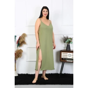 Giyim Kadın Büyük Beden İp Askılı Pamuklu Haki Uzun Gecelik