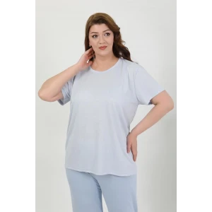 Giyim Kadın Büyük Beden Kısa Kol Penye Pijama Takımı Mavi