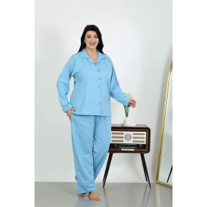 Giyim Kadın Büyük Beden Pamuklu Cepli Düğmeli Mavi Pijama Takım