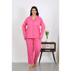 Giyim Kadın Büyük Beden Pamuklu Cepli Düğmeli Pembe Pijama Takım