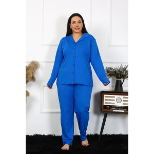 Giyim Kadın Büyük Beden Pamuklu Cepli Düğmeli Saks Pijama Takım