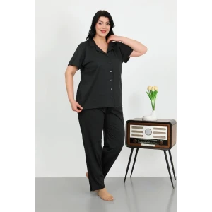 Giyim Kadın Büyük Beden Pamuklu Cepli Düğmeli Siyah Pijama Takım