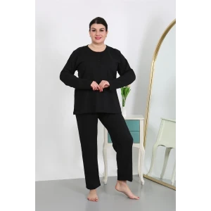 Giyim Kadın Büyük Beden Uzun Kol Penye Pijama Takımı Siyah