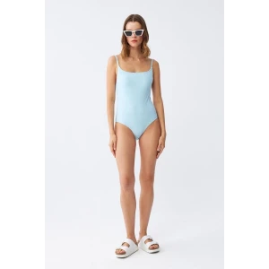 Giyim Kadın Buz Mavisi İnce Askılı Düz Tek Parça Mayo