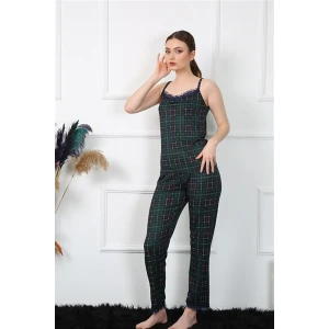 Giyim Kadın İp Askılı Yeşil Ekoseli Pijama Takım