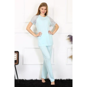 Giyim Kadın Kolu Dantelli Penye Pijama Takım Su Yeşili
