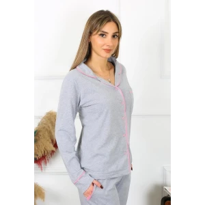 Giyim Kadın Pamuk Penye Önden Düğmeli Uzun Kol Gri Pijama Takım