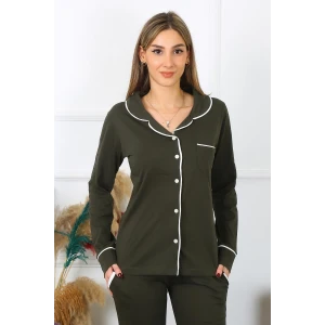 Giyim Kadın Pamuk Penye Önden Düğmeli Uzun Kol Haki Pijama Takım