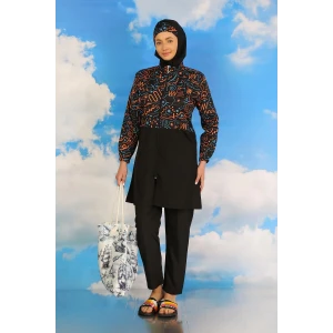 Giyim Kadın Pantolonlu Desenli Tam Tesettür Mayo Siyah