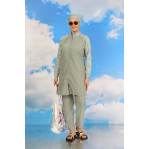 Giyim Kadın Pantolonlu Desenli Tam Tesettür Mayo Su Yeşili