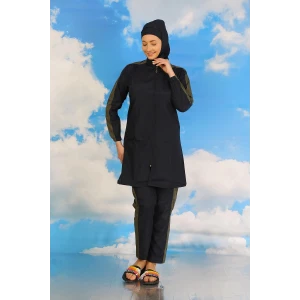 Giyim Kadın Pantolonlu Kolu Şeritli Tam Tesettür Mayo Lacivert