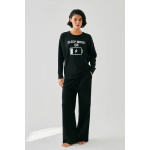 Giyim Kadın Siyah Sleep Mode ON Oversize 2 İplik Eşofman Ev Giyim Takımı