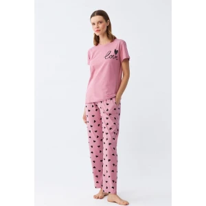 Giyim Kadın Somon Kalp Desenli Kısa Kollu Penye Pijama Takımı