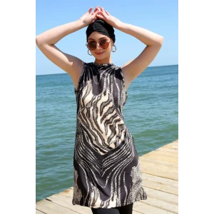 Giyim Sıfır Kol Leopar Yarım Tesettür Mayo Siyah