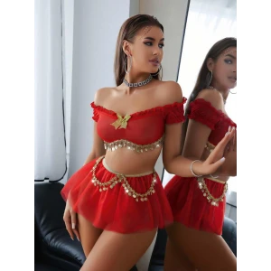 Gold Pul Detaylı Fantezi Kadın Kostüm Işıltılı Özel Tasarım Gece Giyim