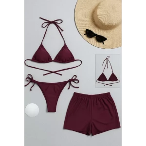 Kadın 3lü Set Bordo Şortlu Ve Yandan Bağlamalı Bikini Mayo Takımı