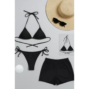 Kadın 3lü Set Siyah Şortlu Ve Yandan Bağlamalı Bikini Mayo Takımı