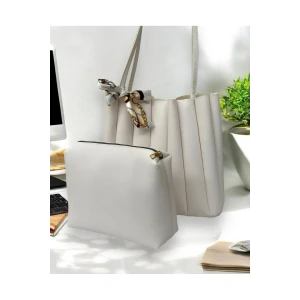 Kadın Şallı Büzgülü Kol Çantası Takım - Krem