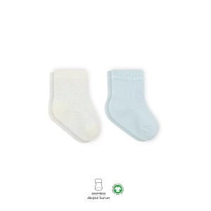 Organik 2li Puan Derby Penye Soket Çorap  Mavi Ekru