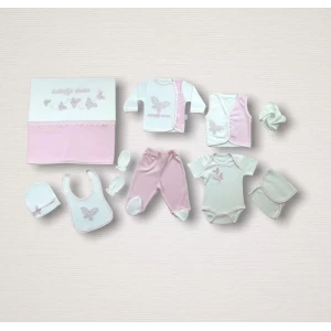 Uçan Kelebekler Nakışlı  10lu Zıbın Takımı Hastane Çıkışı Pembe