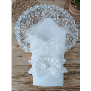 Yenidoğan Ay Işığı Papatya Dantelli Taşlı Fiyonk Bebek Battaniyesi Kundak Ekru