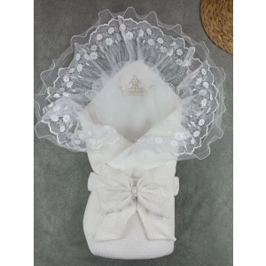 Yenidoğan Kumru Soft Cotton Taç Nakışlı Trilüks Kundak Bebek Battaniyesi Ekru