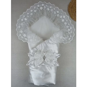 Yenidoğan Pırıltı Taç Nakışlı Trilüks Kundak Bebek Battaniyesi Ekru