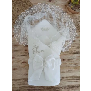 Yenidoğan Sahra Taç Benim Prensesim Nakışlı Kundak Bebek Battaniyesi Ekru