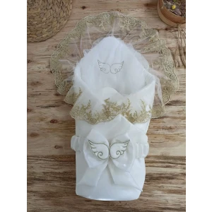 Yenidoğan Shine Kumru Melek Kanat Fiyonklu Gold Dantel Duvaklı Delüks Kundak Bebek Battaniyesi Ekru