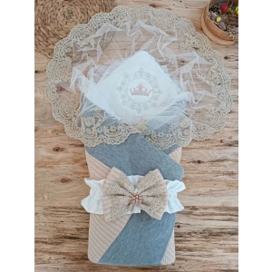 Yenidoğan Teri Cotton Taç Nakışlı Prizma Taş Kundak Bebek Battaniyesi Bej