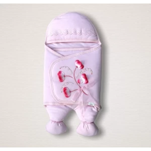 Yenidoğan Yapay Çiçek İşlemeli Şapkalı Lüks Kız Bebek Ayaklı Kundak Bebek Battaniyesi Pembe