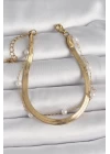 316L Çelik Gold Renk 2Li İtalyan Zincir Model İnci Detay Kadın Bileklik - TJ-BB6663