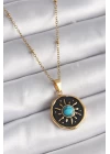 316L Çelik Gold Renk Mavi Boncuk Güneş İşleme Madalyon Model Kadın Kolye - TJ-BKO9524