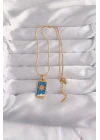 316L Çelik Gold Renk Mavi Mineli Güneş Model Tarot Kolye - TJ-BKO9026