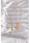 316L Çelik Gold Renk Pembe Mineli El Figür Tarot Kolye - TJ-BKO9031