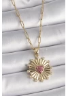 316L Çelik Gold Renk Pembe Zirkon Taşlı Kalp İşleme Madalyon Model Kadın Kolye - TJ-BKO9534