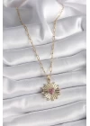 316L Çelik Gold Renk Pembe Zirkon Taşlı Kalp İşleme Madalyon Model Kadın Kolye - TJ-BKO9534
