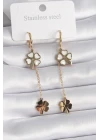316L Çelik Gold Renk Sedefli Yonca Model Zirkon Taş Detay Kadın Küpe - TJ-BKP9573