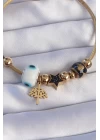 316L Çelik Gold Renk Siyah Zirkon Taşlı Yıldız Tasarımlı Ağaç Detay Nazarlı Charm Bileklik - TJ-BB6197