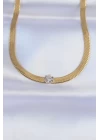 316L Çelik Gold Renk Tek Zirkon Taşlı İtalyan Zincir Kolye - TJ-BKO8747
