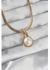 316L Çelik Gold Renk Yassı Zincir İnci Taşlı Kolye - TJ-BKO8903