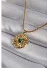 316L Çelik Gold Renk Yeşil Taşlı Kutup Yıldızı İşleme Madalyon Model Kadın Kolye - TJ-BKO8355