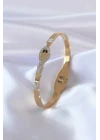 316L Çelik Gold Renk Yılan Model Zirkon Taş Detay Kadın Kelepçe - TJ-BB5054