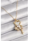 316L Çelik Gold Renk Zincir Ayna Ayıcık Model Zirkon Taşlı Kalp Model Kadın Kolye - TJ-BKO9626