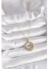 316L Çelik Gold Renk Zincir Gümüş Zirkon Taşlı Daire Model Kadın Kolye - TJ-BKO9481