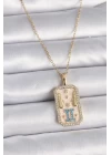 316L Çelik Gold Renk Zincir İkizler Burcu Zirkon Taşlı Kadın Kolye - TJ-BKO9468