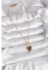 316L Çelik Gold Renk Zincir Kilit Kalp Kehribar Boncuk Model Kadın Kolye - TJ-BKO9496